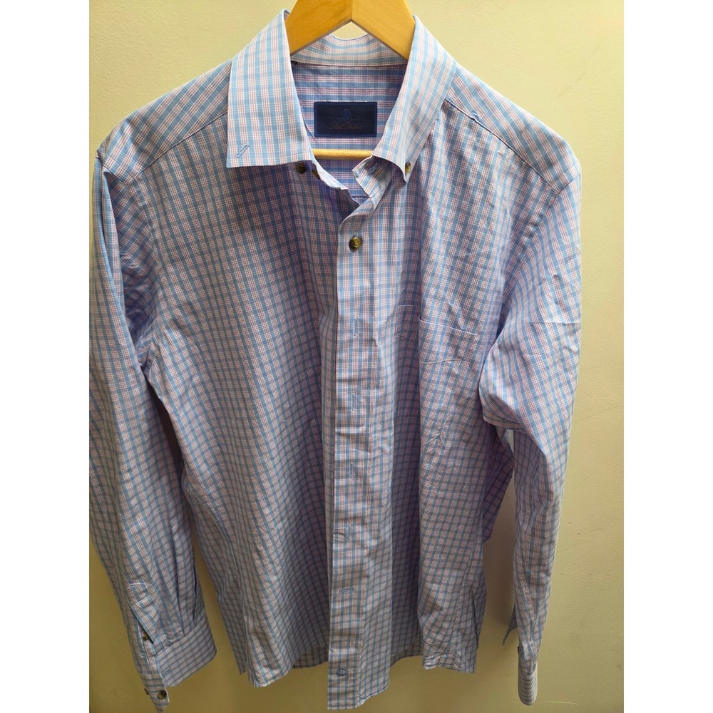 David Donahue Mens Blue Pink Micro Check Cotton Button Down Shirt Large L